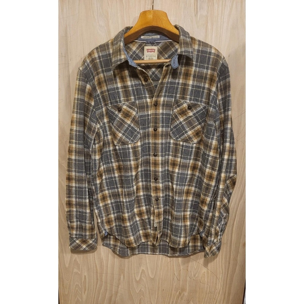 Levis Mens Wool Blend Plaid Flannel Shirt Slim Fit Brown Grey XL Long Sleeve
